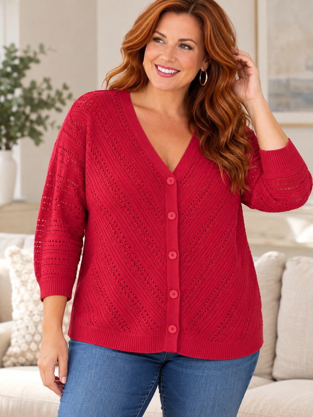 Chico’s Women’s Size XL Red Open Knit Cardigan Button Front Lightweight Sweater